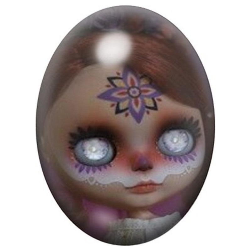 Cabochon en Verre Illustré Poupée Calavera aux Yeux de Givre 13x18, 18x25 ou 30x40mm