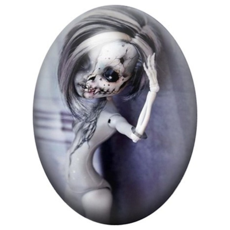 Cabochon en Verre Illustré Poupée Gothique au Visage Squelette 13x18, 18x25 ou 30x40mm