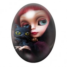 Cabochon en Verre Illustré Poupée Rousse au Chat Noir 13x18, 18x25 ou 30x40mm pour la création de bijoux fantaisie - DIY