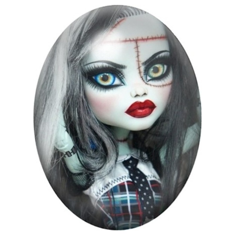 Cabochon en Verre Illustré Poupée Frankenstein aux Lèvres Rouges 13x18, 18x25 ou 30x40mm