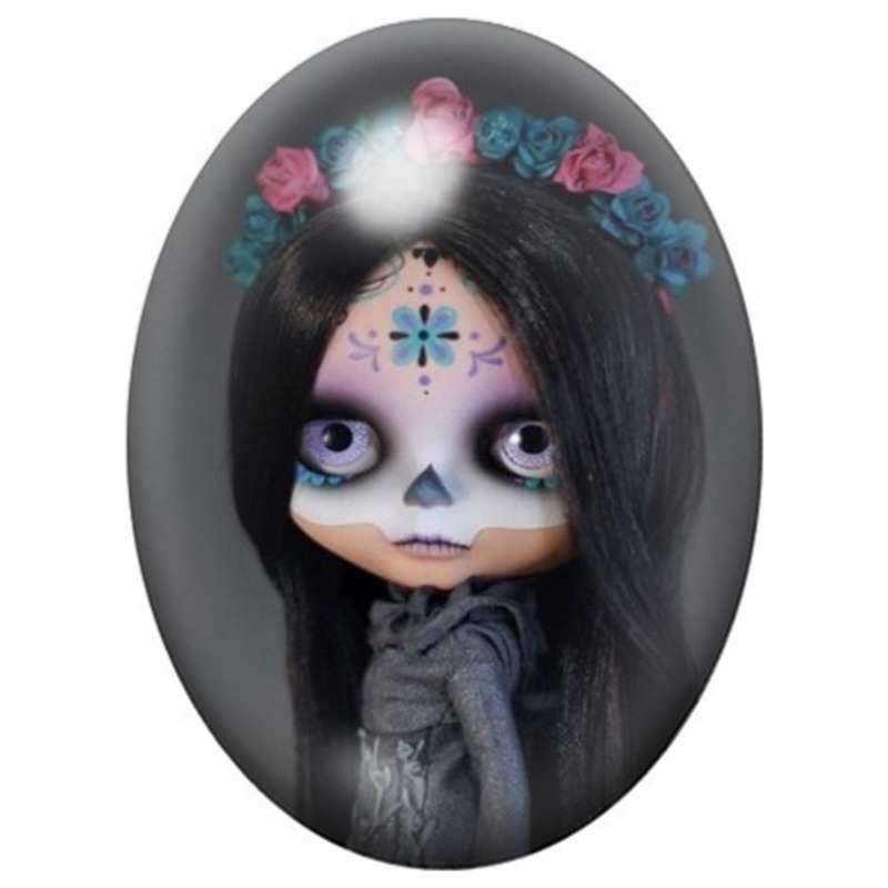 Cabochon en Verre Illustré Poupée Calavera aux Roses Bleues 13x18, 18x25 ou 30x40mm