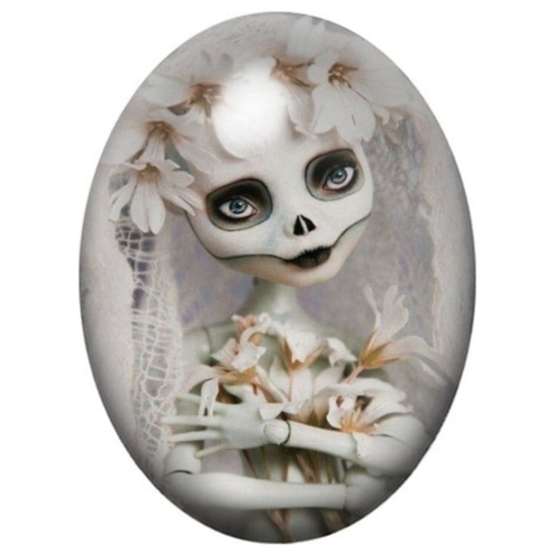 Cabochon en Verre Illustré Poupée Calavera aux Lys Blancs 13x18, 18x25 ou 30x40mm