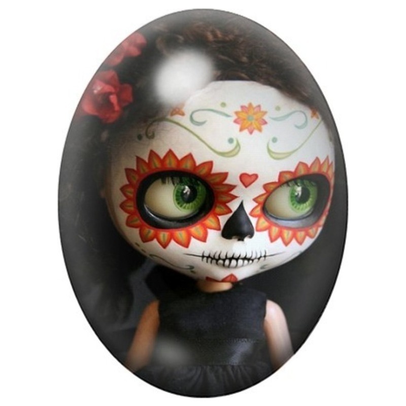 Cabochon en Verre Illustré Poupée Calavera aux Fleurs Orange 13x18, 18x25 ou 30x40mm