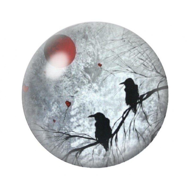 Cabochon en Verre Illustré Corbeaux Lune Rouge Gothique 12 à 25mm