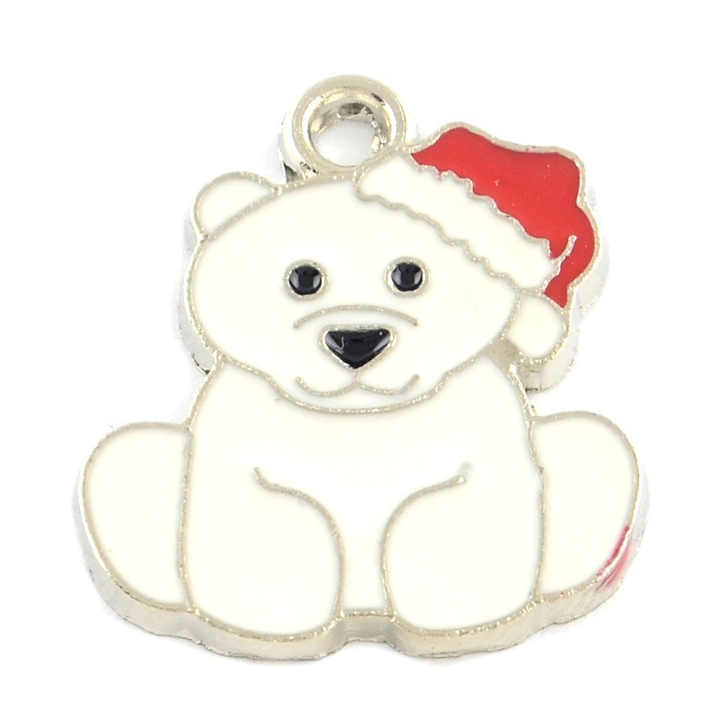 2 Breloques Ourson de Noël en Émail Métal Argenté 24x21mm