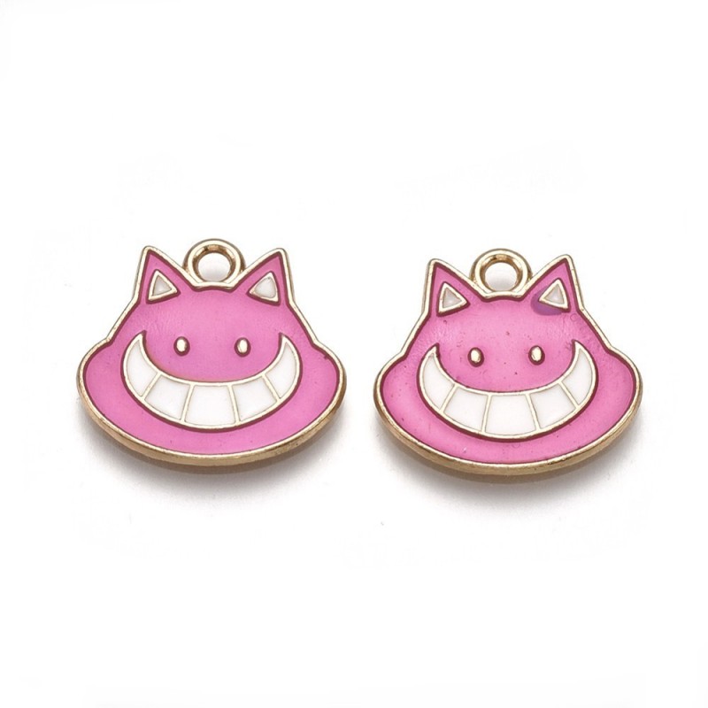 2 Breloques Chat du Cheshire en Émail Métal Doré 18x19mm
