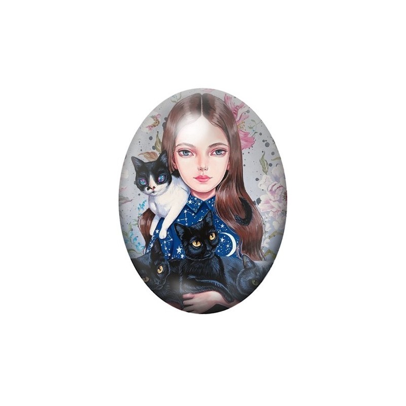 Cabochon en Verre Illustré Fille Chat Étrange 13x18, 18x25 ou 30x40mm