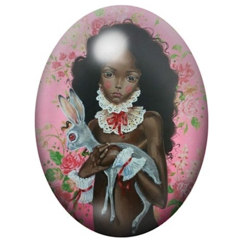 Cabochon en Verre Illustré Fillette au Lapin Blanc 13x18, 18x25 ou 30x40mm