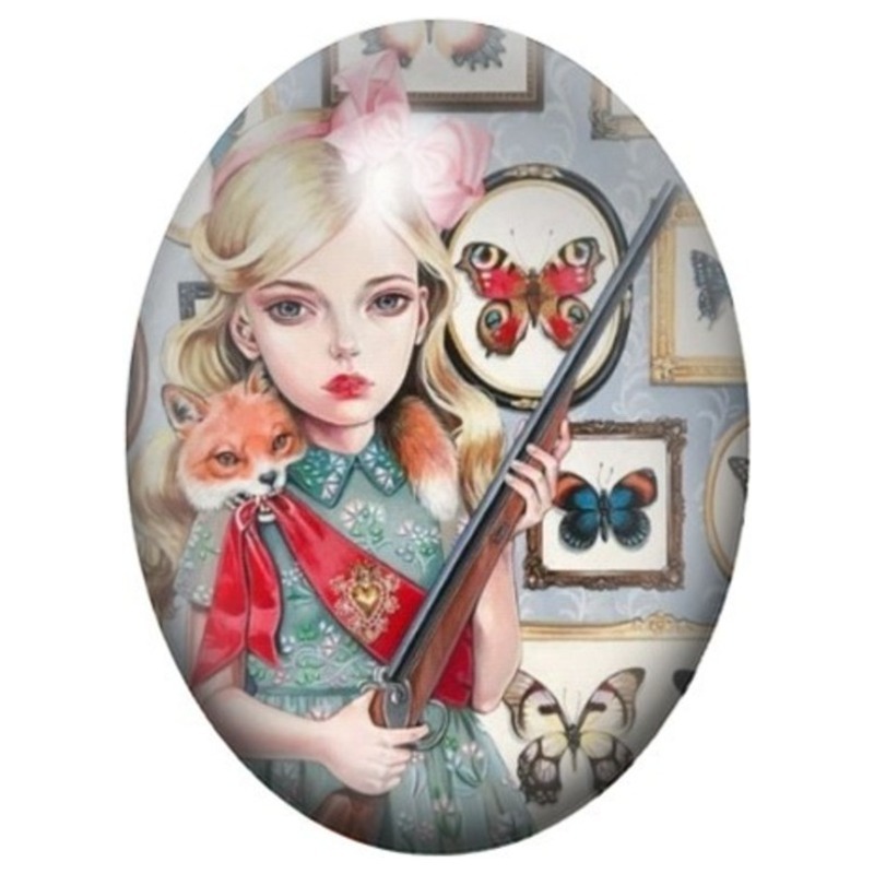 Cabochon en Verre Illustré Chasseresse au Renard et Papillons 13x18, 18x25 ou 30x40mm