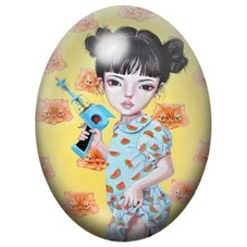 Cabochon en Verre Illustré Fillette Asiatique au Gobelet 13x18, 18x25 ou 30x40mm pour la création de bijoux fantaisie - DIY