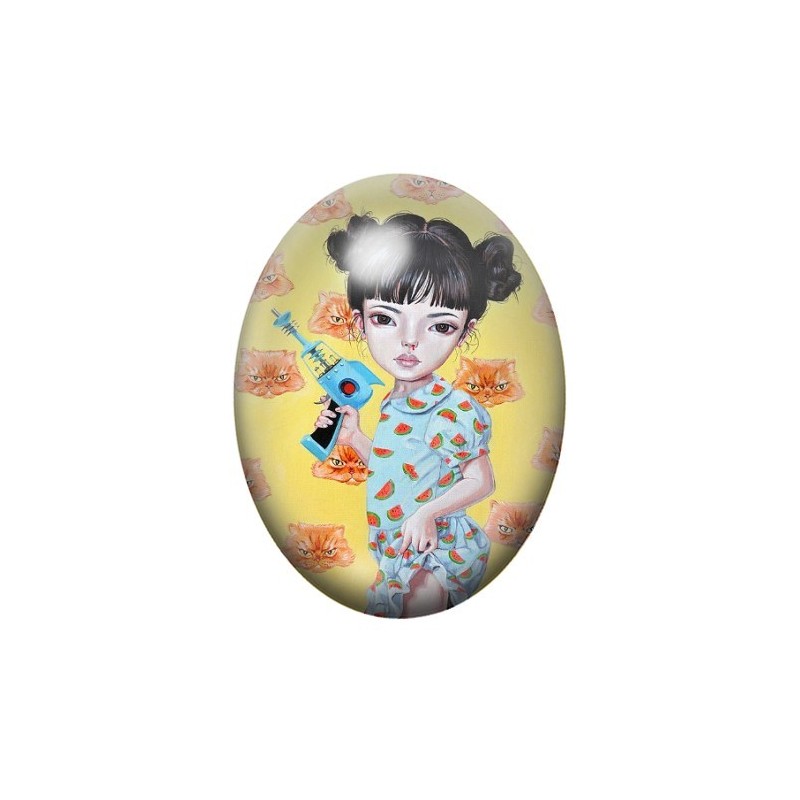 Cabochon en Verre Illustré Fille Asiatique Étrange 13x18, 18x25 ou 30x40mm