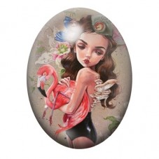 Cabochon en Verre Illustré Jeune Femme au Flamant Rose 13x18, 18x25 ou 30x40mm pour la création de bijoux fantaisie - DIY