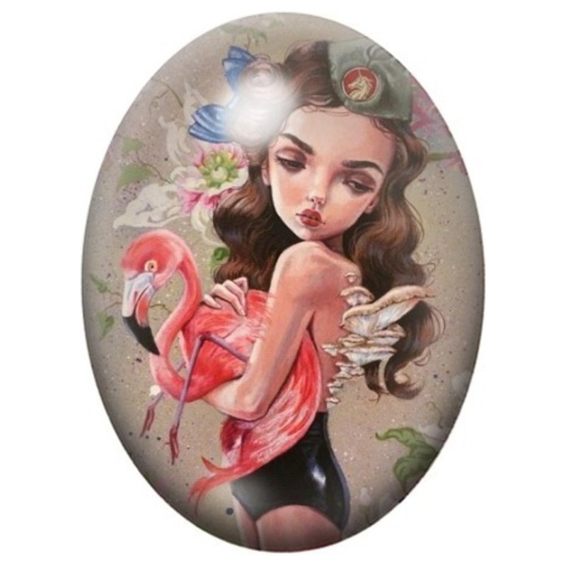 Cabochon en Verre Illustré Jeune Femme au Flamant Rose 13x18, 18x25 ou 30x40mm