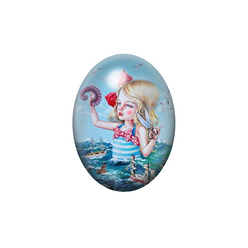 Cabochon en Verre Illustré Fille Étrange Mer 13x18, 18x25 ou 30x40mm