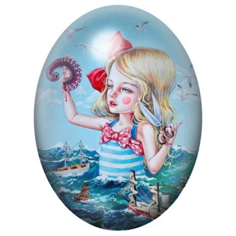 Cabochon en Verre Illustré Fillette à l’Hippocampe en Bord de Mer 13x18, 18x25 ou 30x40mm
