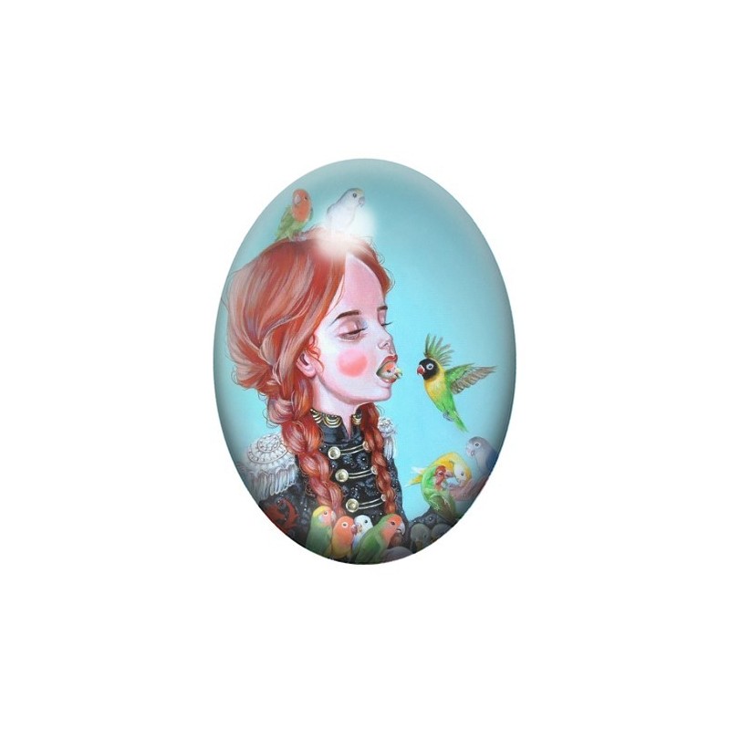 Cabochon en Verre Illustré Fille Étrange Oiseaux 13x18, 18x25 ou 30x40mm