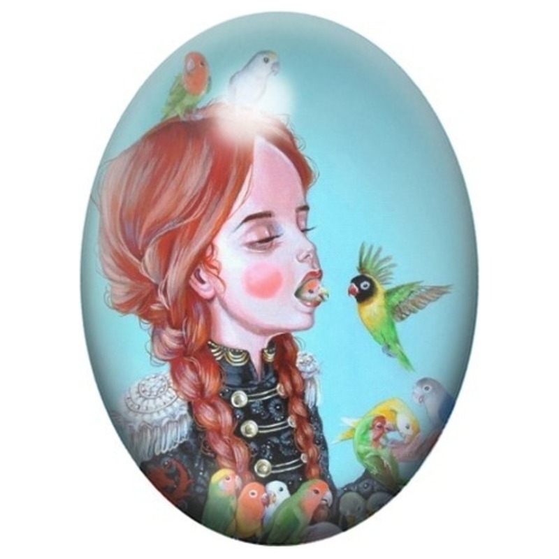 Cabochon en Verre Illustré Jeune Femme aux Colibris 13x18, 18x25 ou 30x40mm