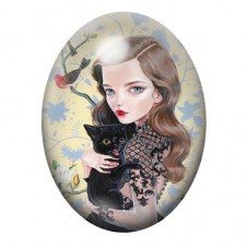 Cabochon en Verre Illustré Jeune Femme au Chat Noir 13x18, 18x25 ou 30x40mm pour la création de bijoux fantaisie - DIY