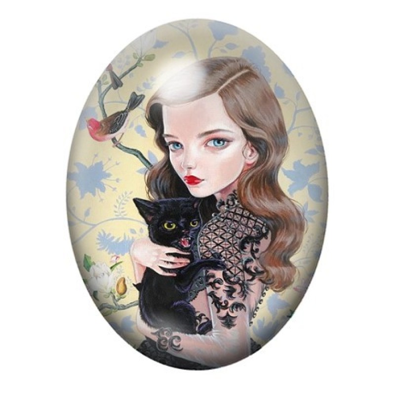 Cabochon en Verre Illustré Jeune Femme au Chat Noir 13x18, 18x25 ou 30x40mm