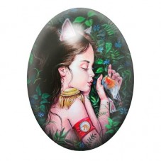 Cabochon en Verre Illustré Fille Chatte Étrange 13x18, 18x25 ou 30x40mm pour la Création de Bijoux Fantaisie - DIY
