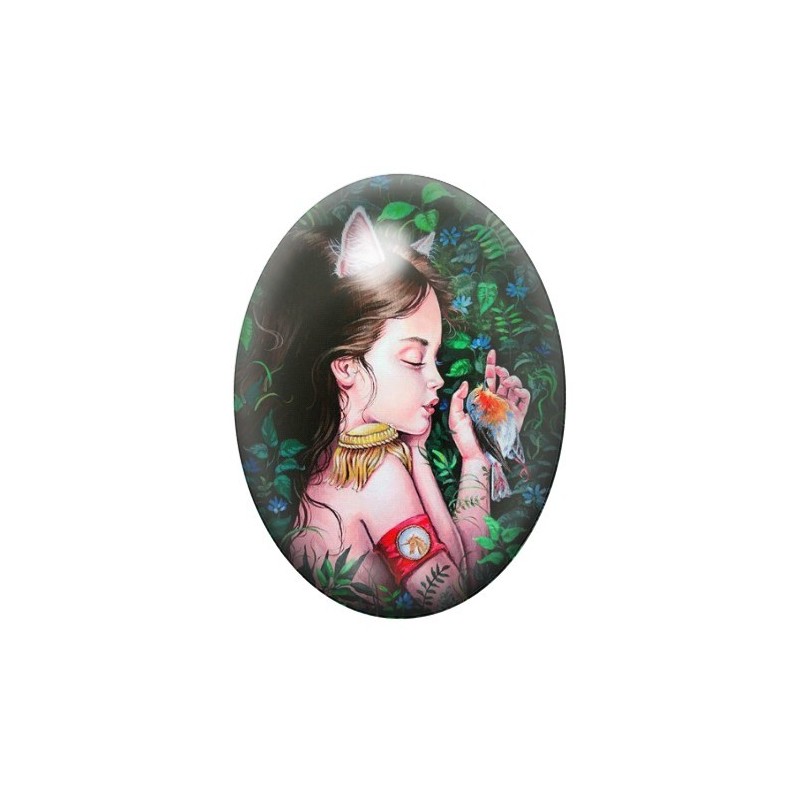 Cabochon en Verre Illustré Fille Chatte Étrange 13x18, 18x25 ou 30x40mm