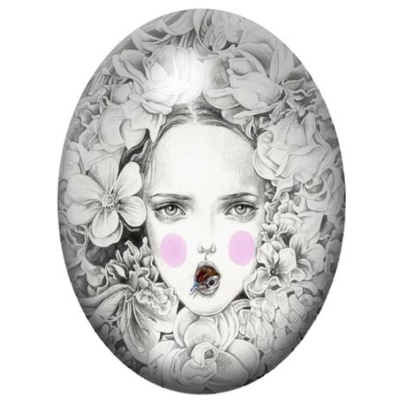 Cabochon en Verre Illustré Visage de Fillette aux Fleurs 13x18, 18x25 ou 30x40mm