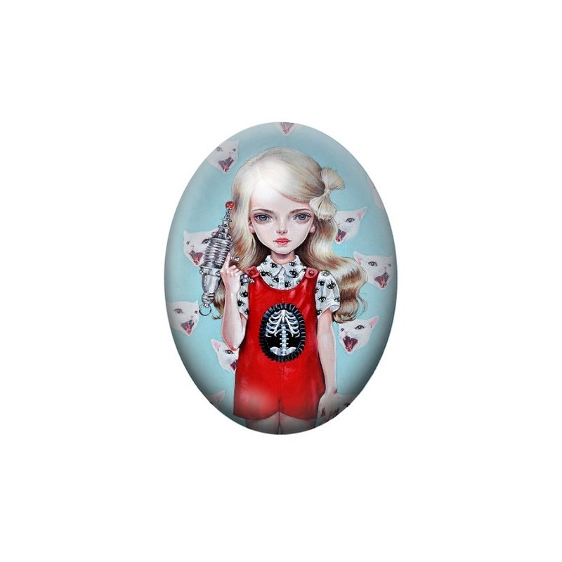 Cabochon en Verre Illustré Fille Étrange Chat 13x18, 18x25 ou 30x40mm