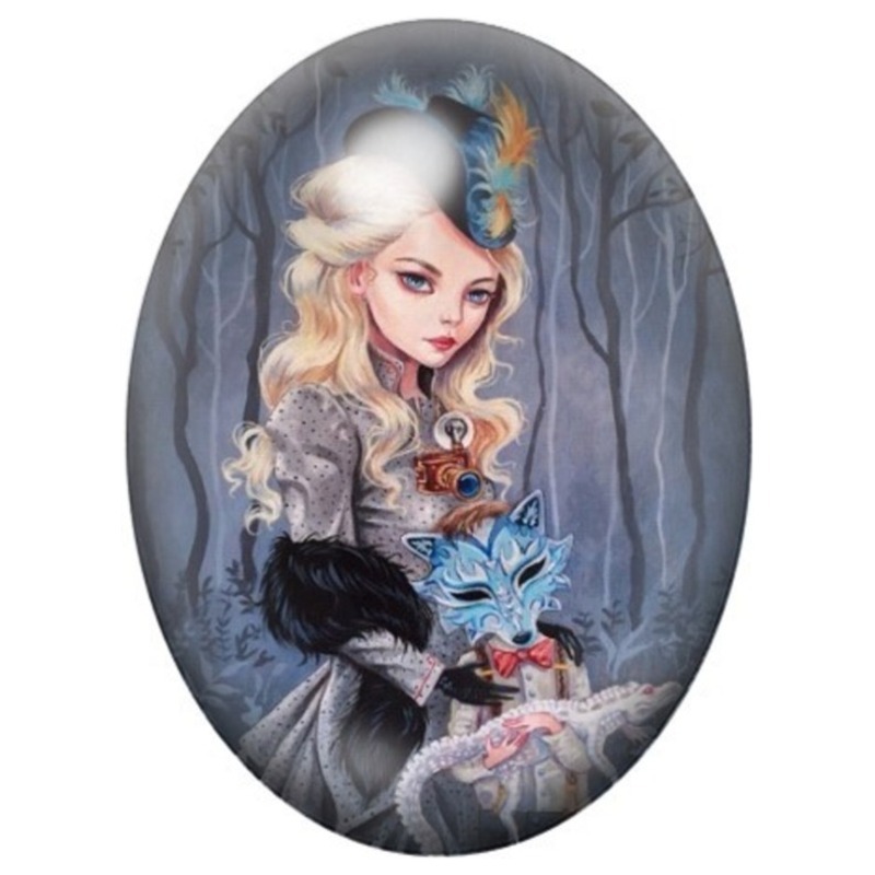 Cabochon en Verre Illustré Jeune Femme aux Chats de la Forêt 13x18, 18x25 ou 30x40mm