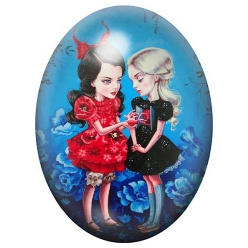 Cabochon en Verre Illustré Deux Fillettes au Cœur Partagé 13x18, 18x25 ou 30x40mm