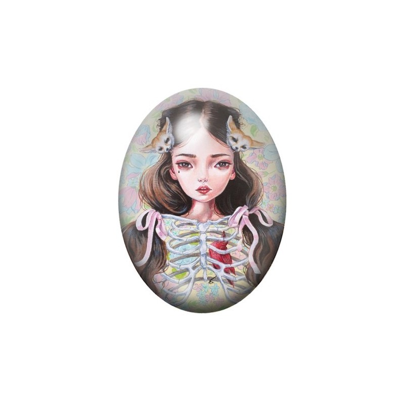 Cabochon en Verre Illustré Fille Étrange Renards 13x18, 18x25 ou 30x40mm