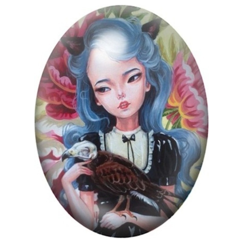 Cabochon en Verre Illustré Jeune Femme au Vautour 13x18, 18x25 ou 30x40mm