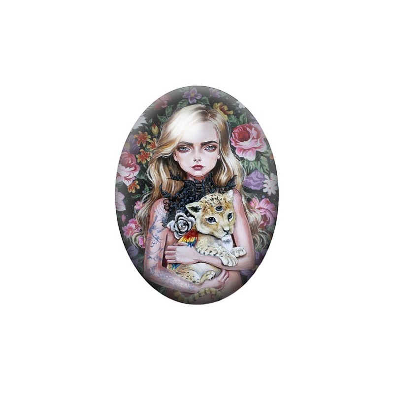 Cabochon en Verre Illustré Fille Lionceau Étrange 13x18, 18x25 ou 30x40mm