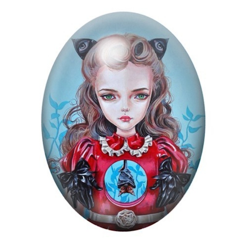 Cabochon en Verre Illustré Fillette Chauve-Souris à la Lune 13x18, 18x25 ou 30x40mm