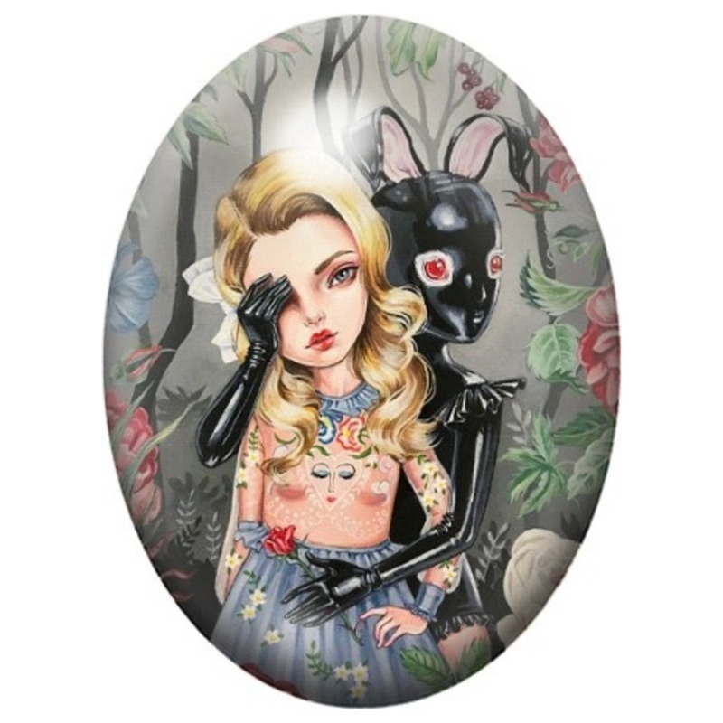Cabochon en Verre Illustré Jeune Femme au Compagnon Cornu 13x18, 18x25 ou 30x40mm
