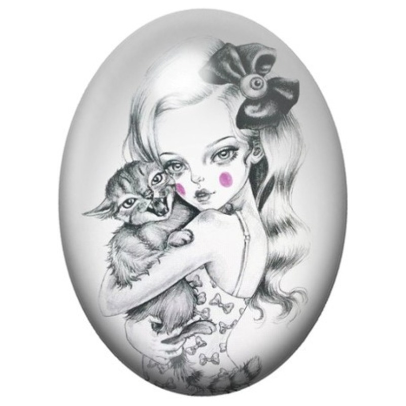 Cabochon en Verre Illustré Jeune Femme au Chat et Nœud Noir 13x18, 18x25 ou 30x40mm