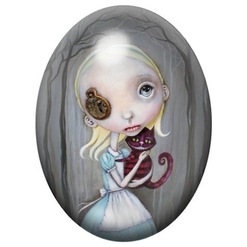 Cabochon en Verre Illustré Alice à la Montre et au Chat 13x18, 18x25 ou 30x40mm