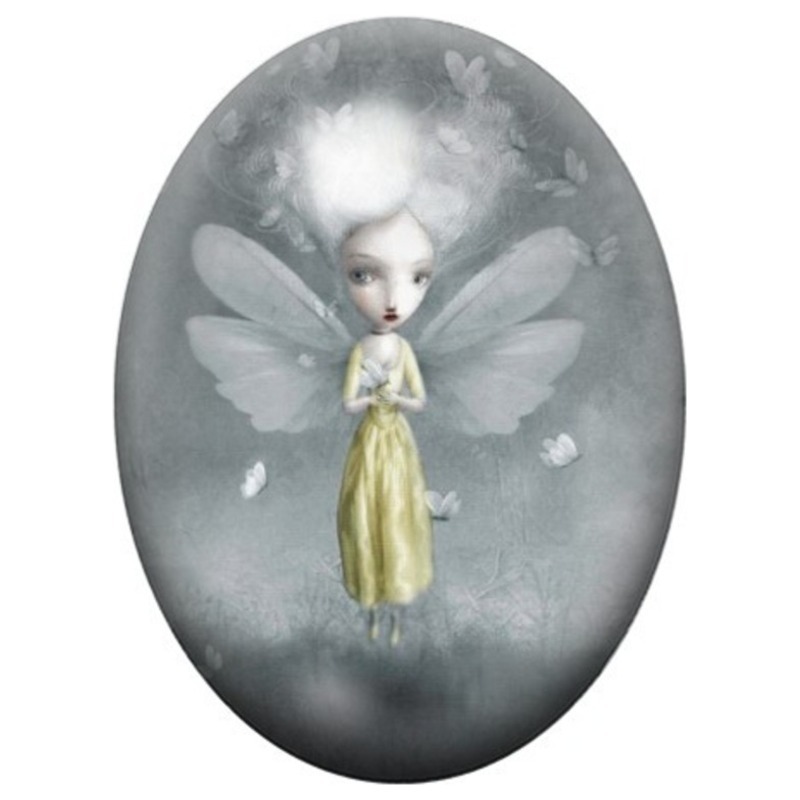 Cabochon en Verre Illustré Fée aux Ailes Blanches 13x18, 18x25 ou 30x40mm