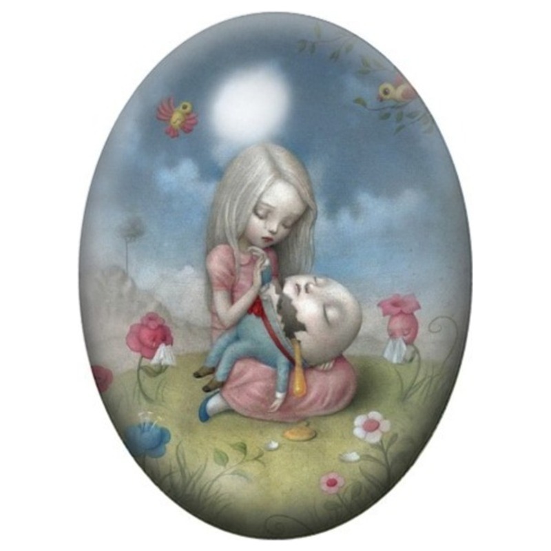 Cabochon en Verre Illustré Alice avec Humpty Dumpty 13x18, 18x25 ou 30x40mm