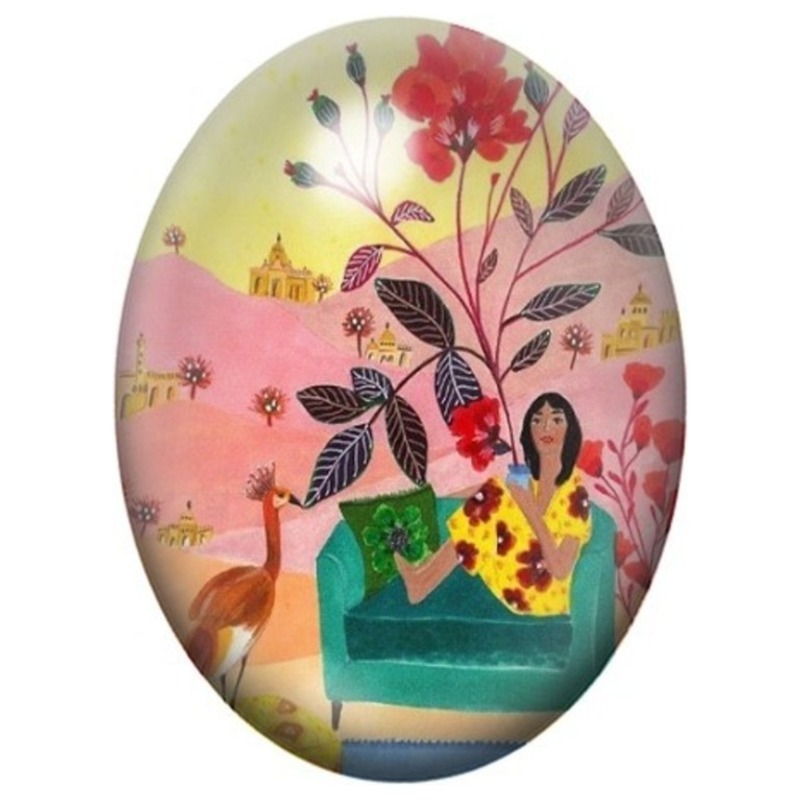 Cabochon en Verre Illustré Femme au Jardin Graphique 13x18, 18x25 ou 30x40mm