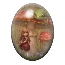 Cabochon en Verre Illustré Fillette aux Champignons et Grenouille 13x18, 18x25 ou 30x40mm pour la création de bijoux fantaisie -