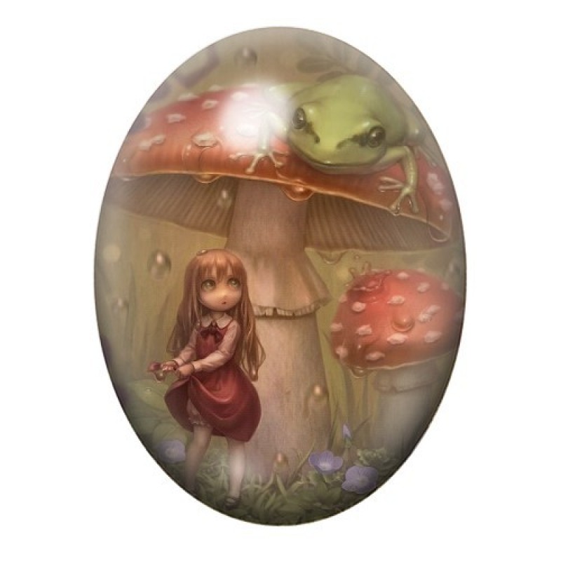 Cabochon en Verre Illustré Fillette aux Champignons et Grenouille 13x18, 18x25 ou 30x40mm