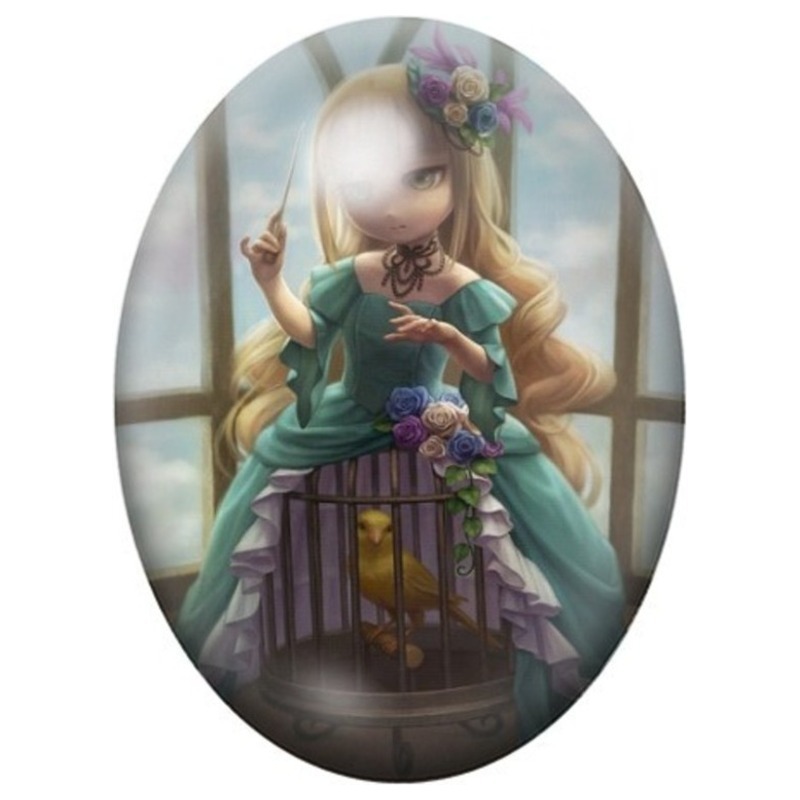 Cabochon en Verre Illustré Fillette sur la Cage à Oiseau 13x18, 18x25 ou 30x40mm