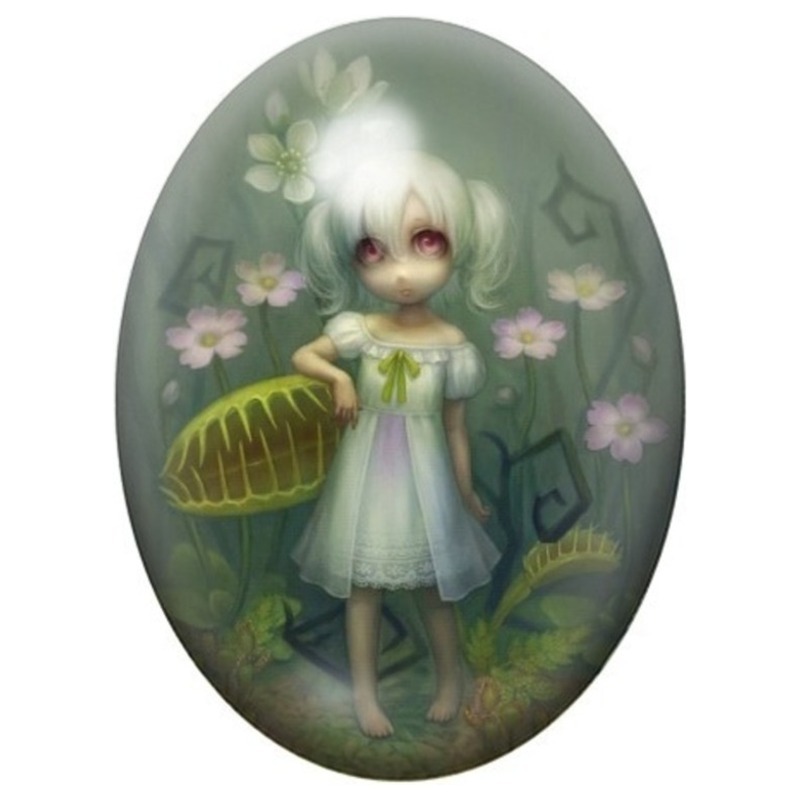 Cabochon en Verre Illustré Fée à la Plante Carnivore 13x18, 18x25 ou 30x40mm