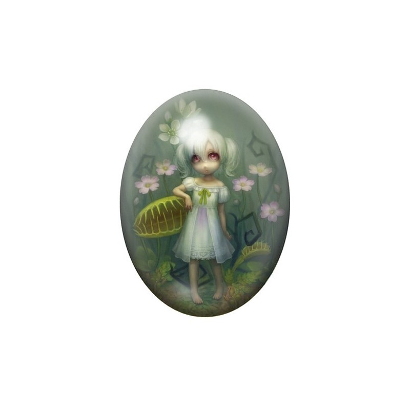 Cabochon en Verre Illustré Fille Plante Carnivore Étrange 13x18, 18x25 ou 30x40mm