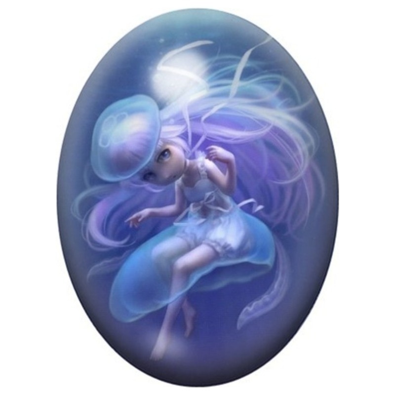 Cabochon en Verre Illustré Fée sur une Méduse Bleue 13x18, 18x25 ou 30x40mm