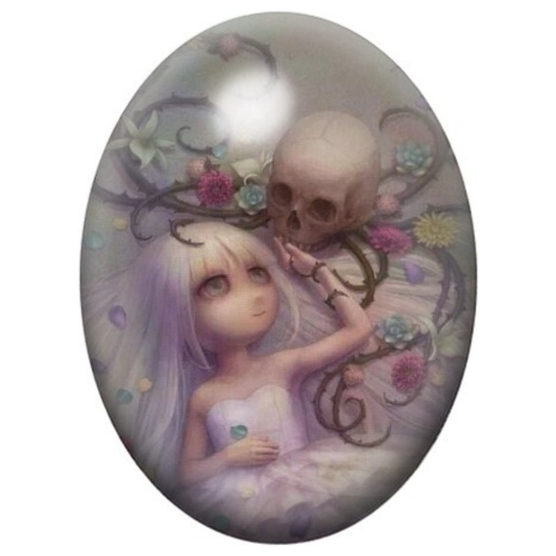 Cabochon en Verre Illustré Fillette aux Crânes et aux Roses 13x18, 18x25 ou 30x40mm