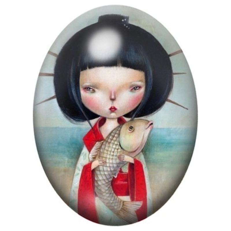 Cabochon en Verre Illustré Fillette au Poisson d’Argent 13x18, 18x25 ou 30x40mm