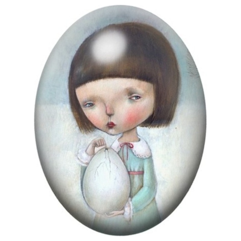 Cabochon en Verre Illustré Fillette au Grand Œuf Blanc 13x18, 18x25 ou 30x40mm
