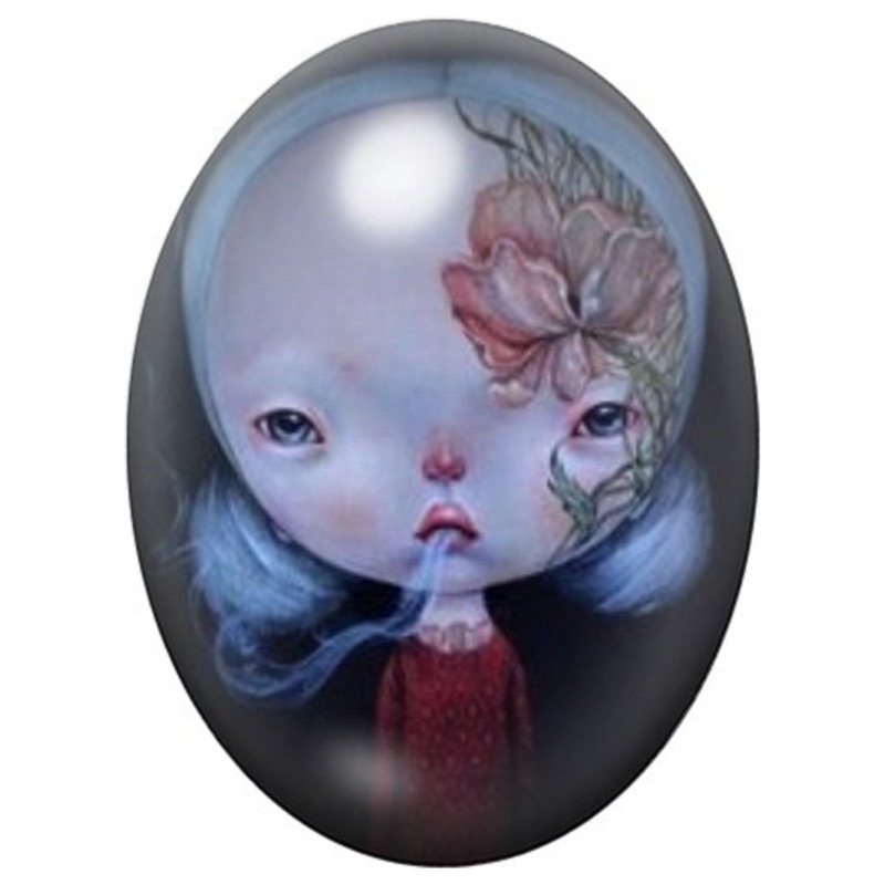 Cabochon en Verre Illustré Fillette Bleue à la Fleur 13x18, 18x25 ou 30x40mm