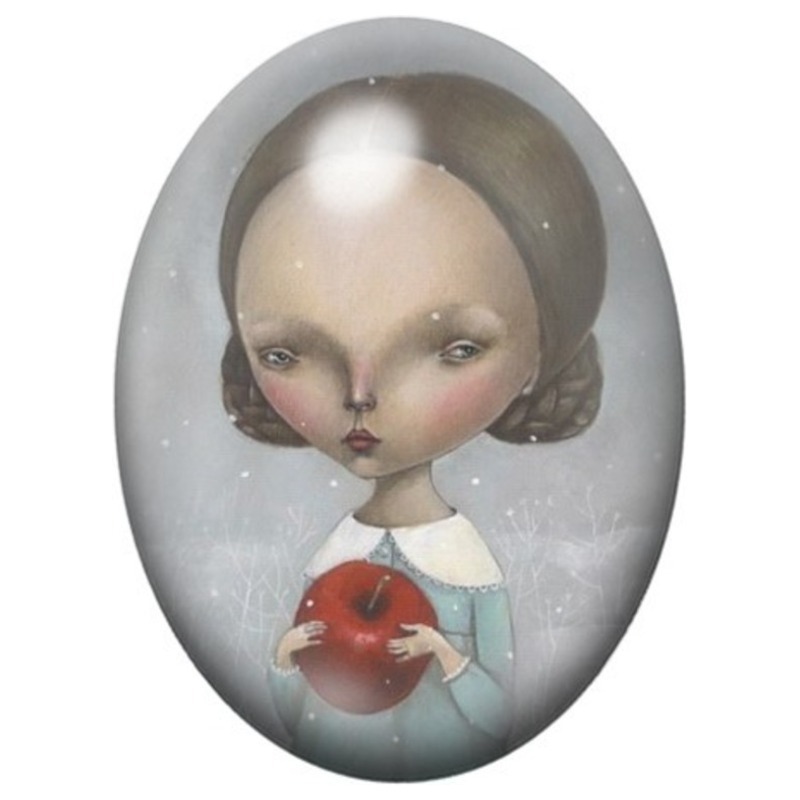 Cabochon en Verre Illustré Fillette à la Pomme Rouge 13x18, 18x25 ou 30x40mm